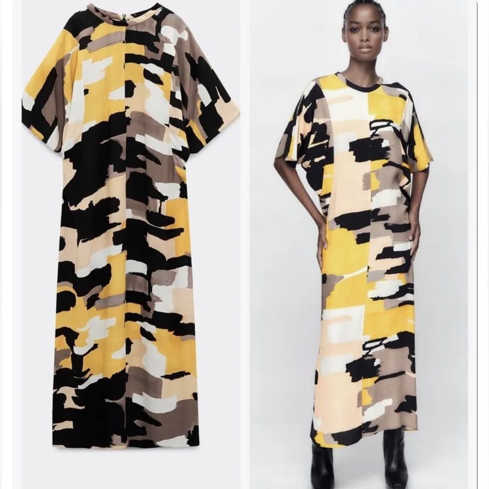 ZARA PRINTED MIDI DRESS LIMITED EDITION MUSTARD NEW Size L